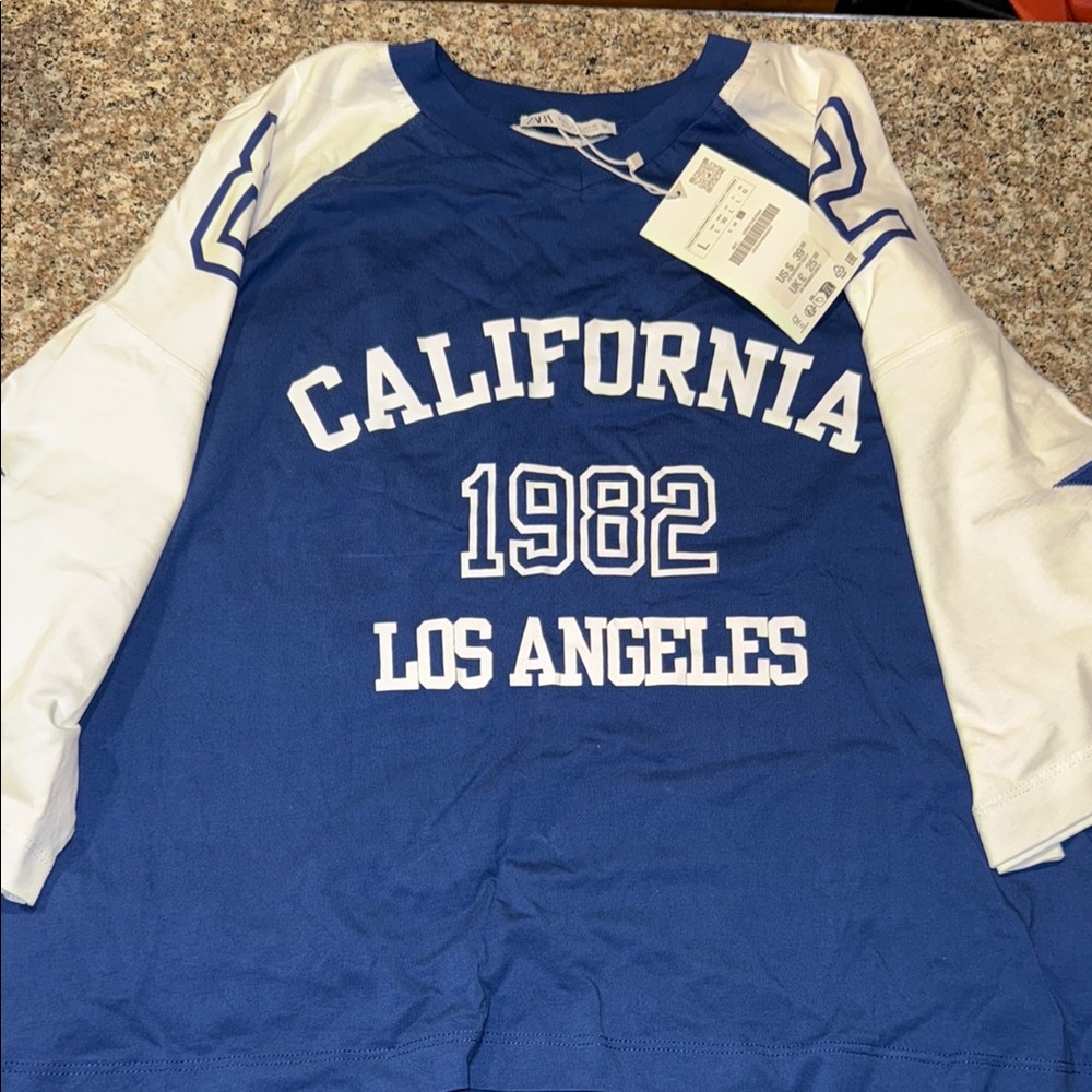 Zara Blue and White California Jersey Top